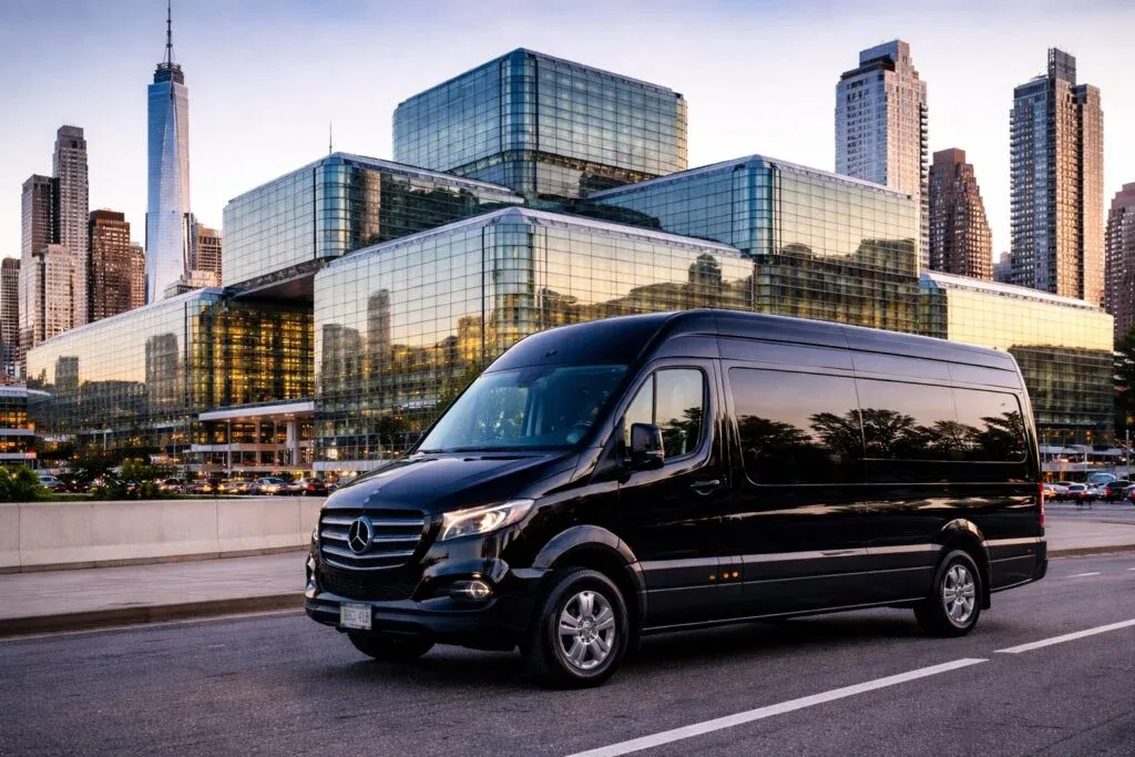 Excalibur-branded matte black Mercedes-Benz Sprinter in daylight, Oklahoma City