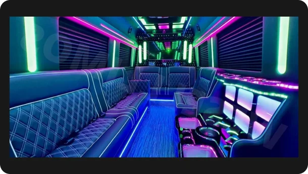 The Knight Life — Sprinter party limousine cabin lit with colour-changing LEDs, Excalibur Executive, Oklahoma City