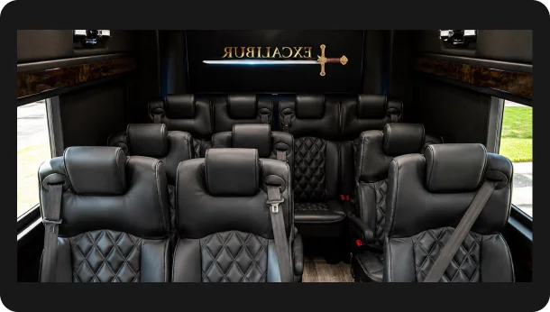 The Regent — blacked-out Mercedes-Benz Sprinter elite cruiser cabin with hand-stitched captain's chairs, Excalibur Executive, Oklahoma